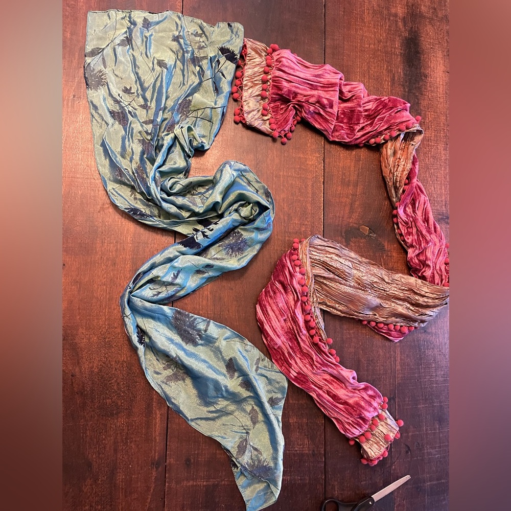 Two long statement scarves - dusty rose & vertigris green